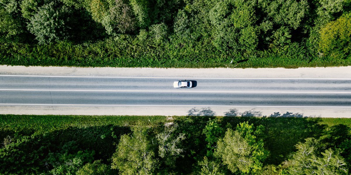 Une voiture roule au milieu d'une forêt